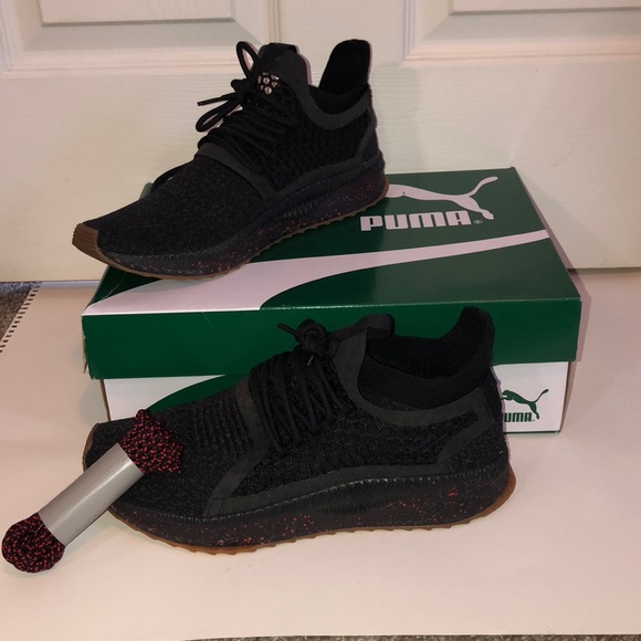 puma black high risk red shoes